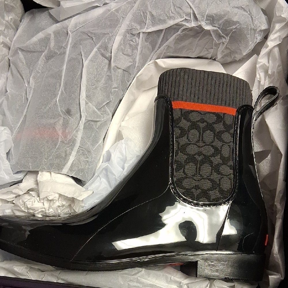 Coach Black and Gray Rain Boots with Red Accent